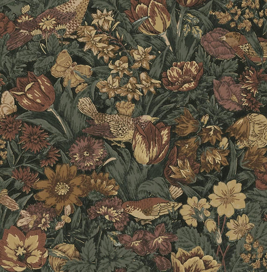 Bird Floral Vintage Prepasted Wallpaper (Mahogany & Graphite)