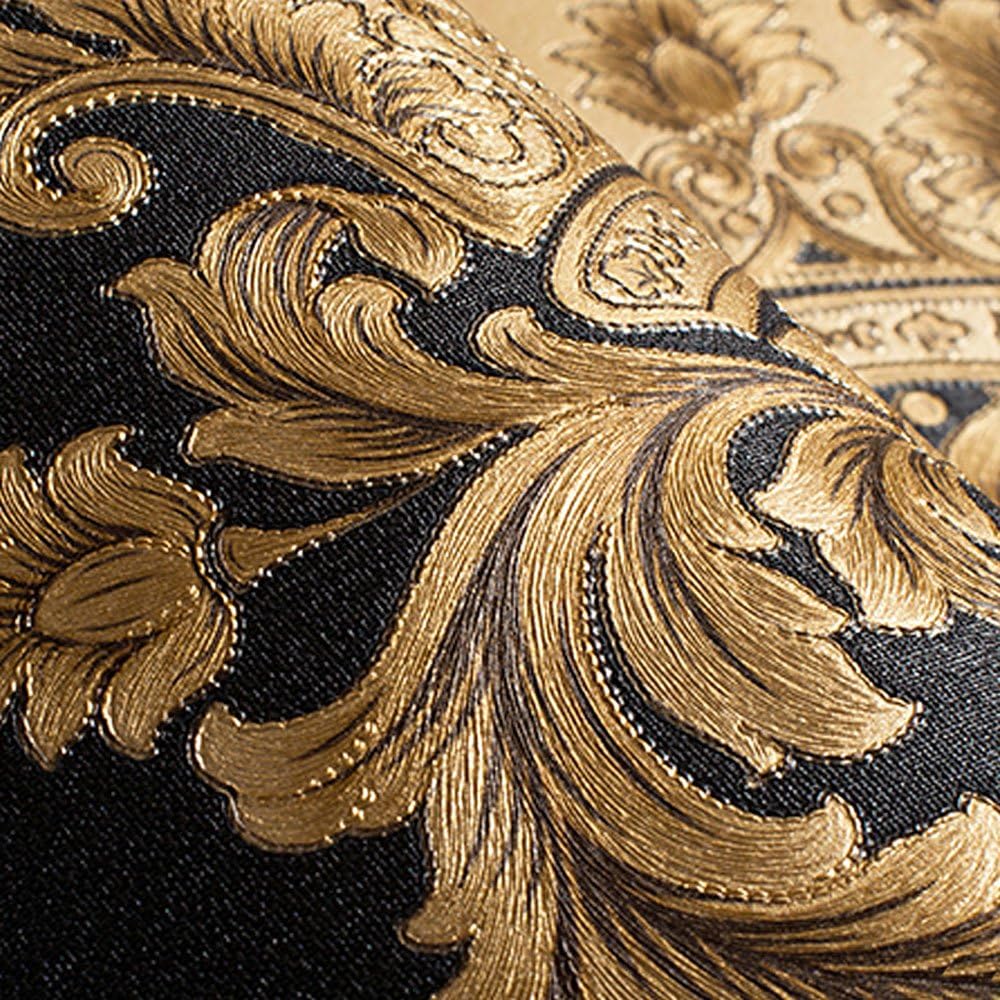 QIHANG European Classic Black Damask Stereo Deep Embossed Wallpaper Roll for Living Room Hotel Tv Backdrop 0.53m x 10m=5.3m2