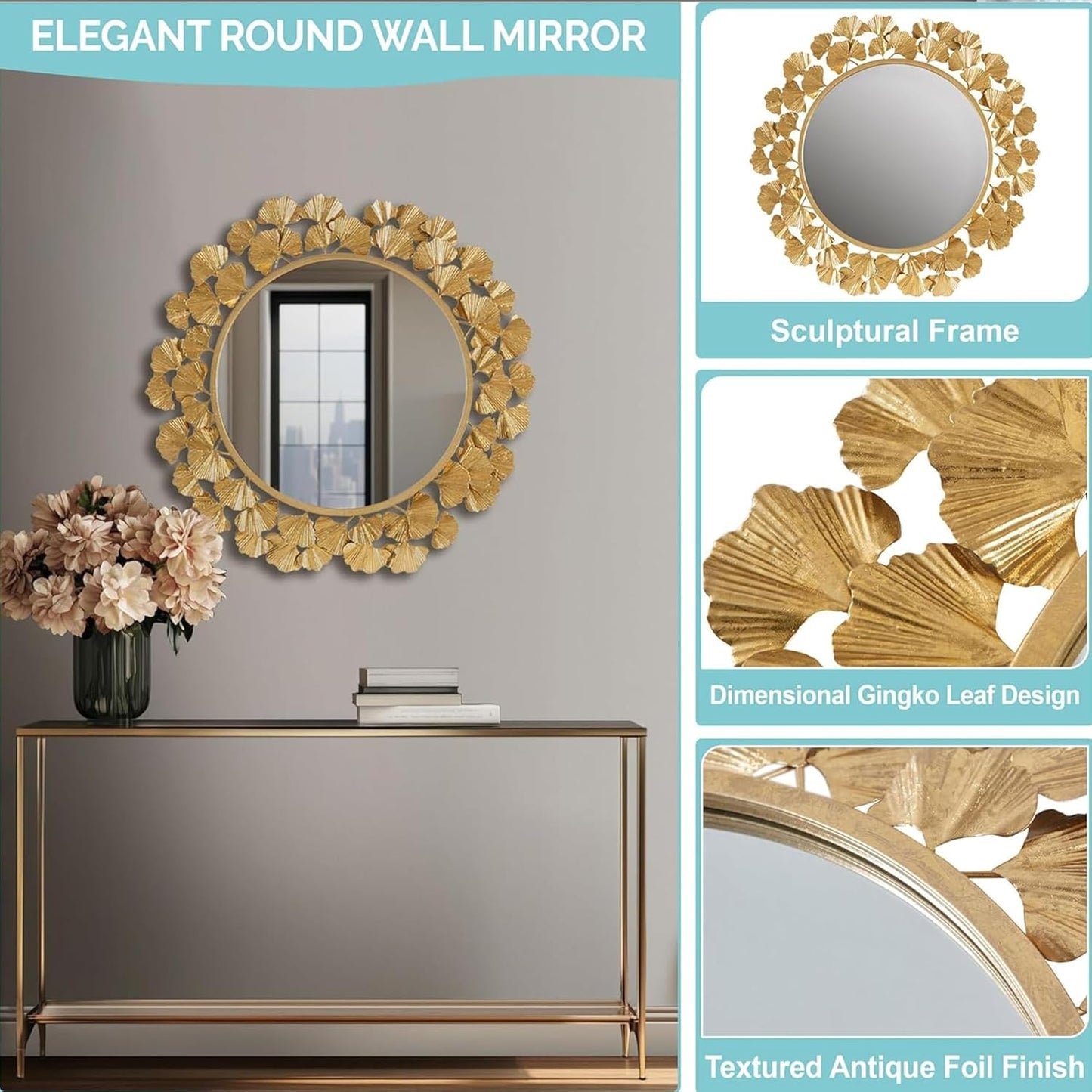 Martha Stewart Wall Décor Large Gingko Leaf Round Wall Mirror for Living Room, Iron Metal Plate Frame Antique Finish, Ready to Hang Bedroom Decoration, Eden, 30.5", Gold