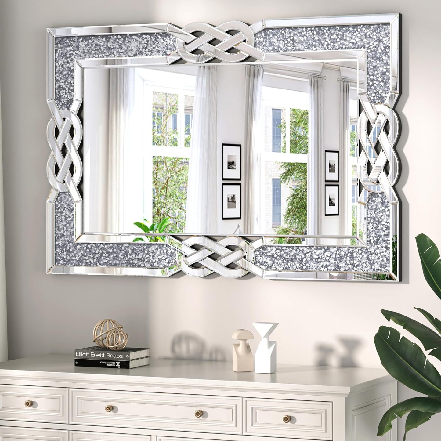 ENENE Crystal Crush Diamond Wall Mirror 46.5''x30.5'' Rectangle Silver Mirrors for Wall Decorative Large Wall Mirrors for Living Room Bathroom Bedroom Entryway