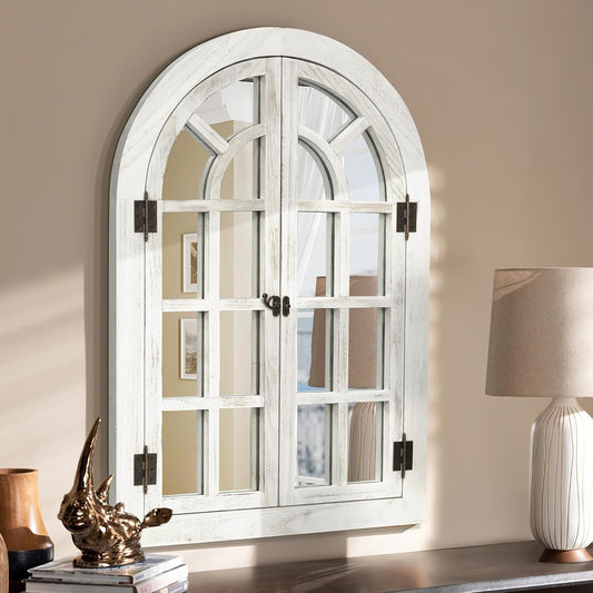 Arched Wall Mirror -Window Mirrors for Wall Decor Wood Frame Farmhouse Decor Like Window for Bedroom, Living Room, Entrance, Dining Room