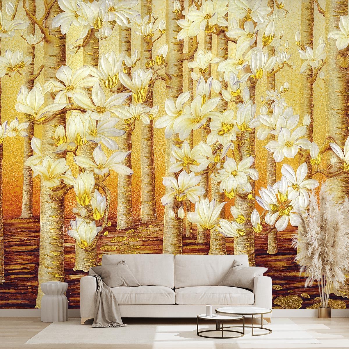 Golden Botanical Leaf wallpeper Living Room Bedroom Wall Mural - 137"x96"（Not Peel and Stick）