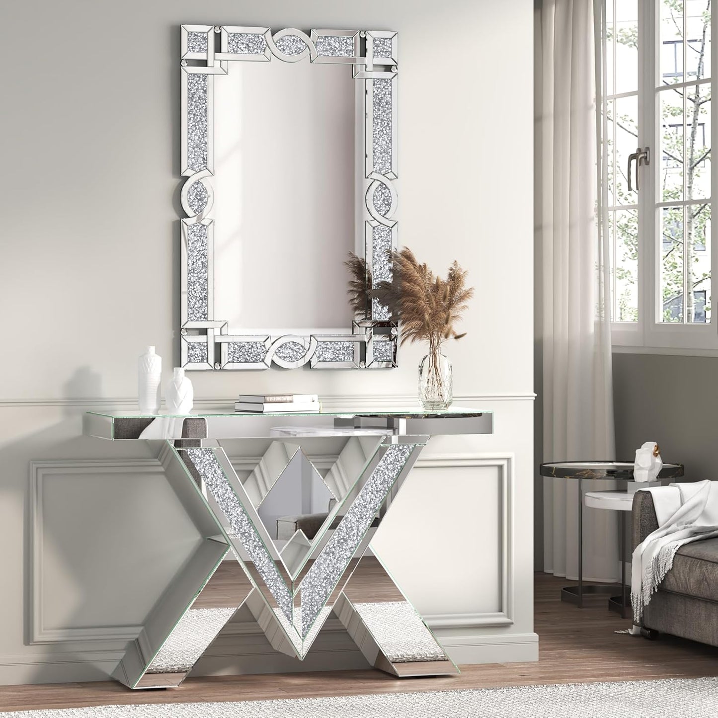ENENE Crystal Crush Diamond Wall Mirror 46.5''x30.5'' Rectangle Silver Mirrors for Wall Decorative Large Wall Mirrors for Living Room Bathroom Bedroom Entryway