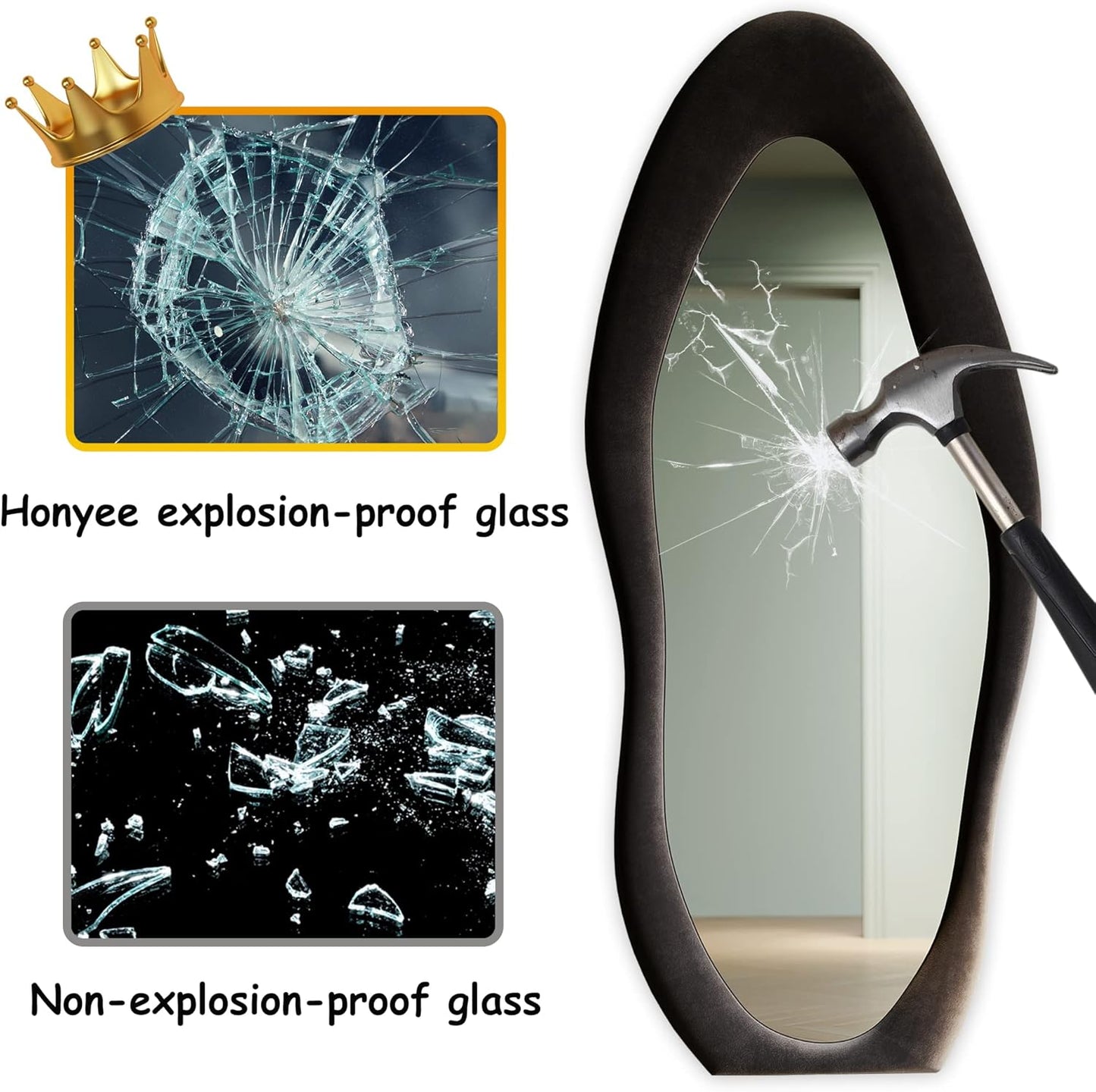 Honyee Full Length Mirror, 63" x 24" Wall Mirror, Flannel Wrapped Wooden Frame Floor Mirror, Irregular Wavy Mirror Hanging or Leaning Against Wall for Cloakroom/Bedroom/Living Room, Black