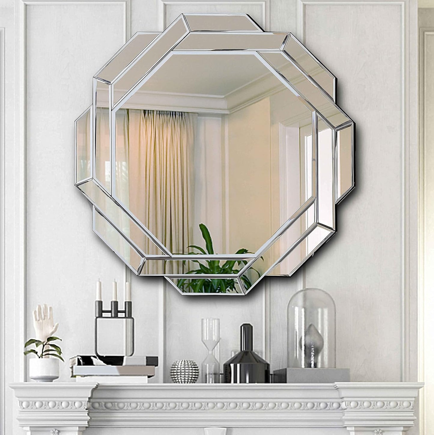 Hlartdecor Helicoid Frameless Beveled Wall Decorating Mirror (31.5X31.5inches). Silver Polished HFY Hexagon Decorative Mirror.