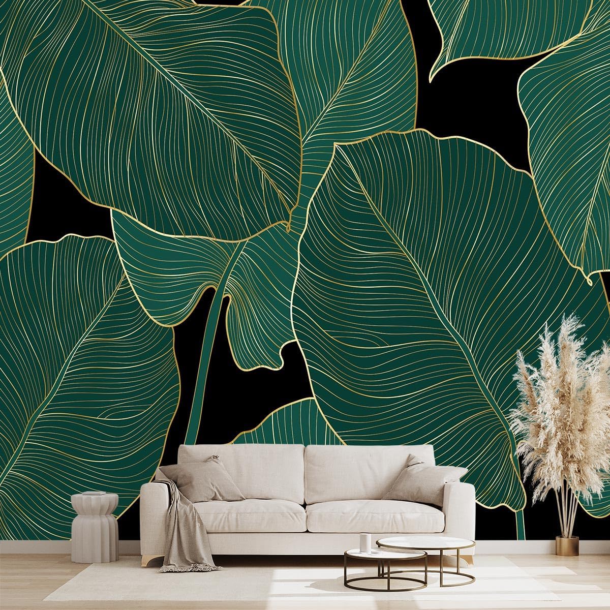 Golden Botanical Leaf wallpeper Living Room Bedroom Wall Mural - 137"x96"（Not Peel and Stick）