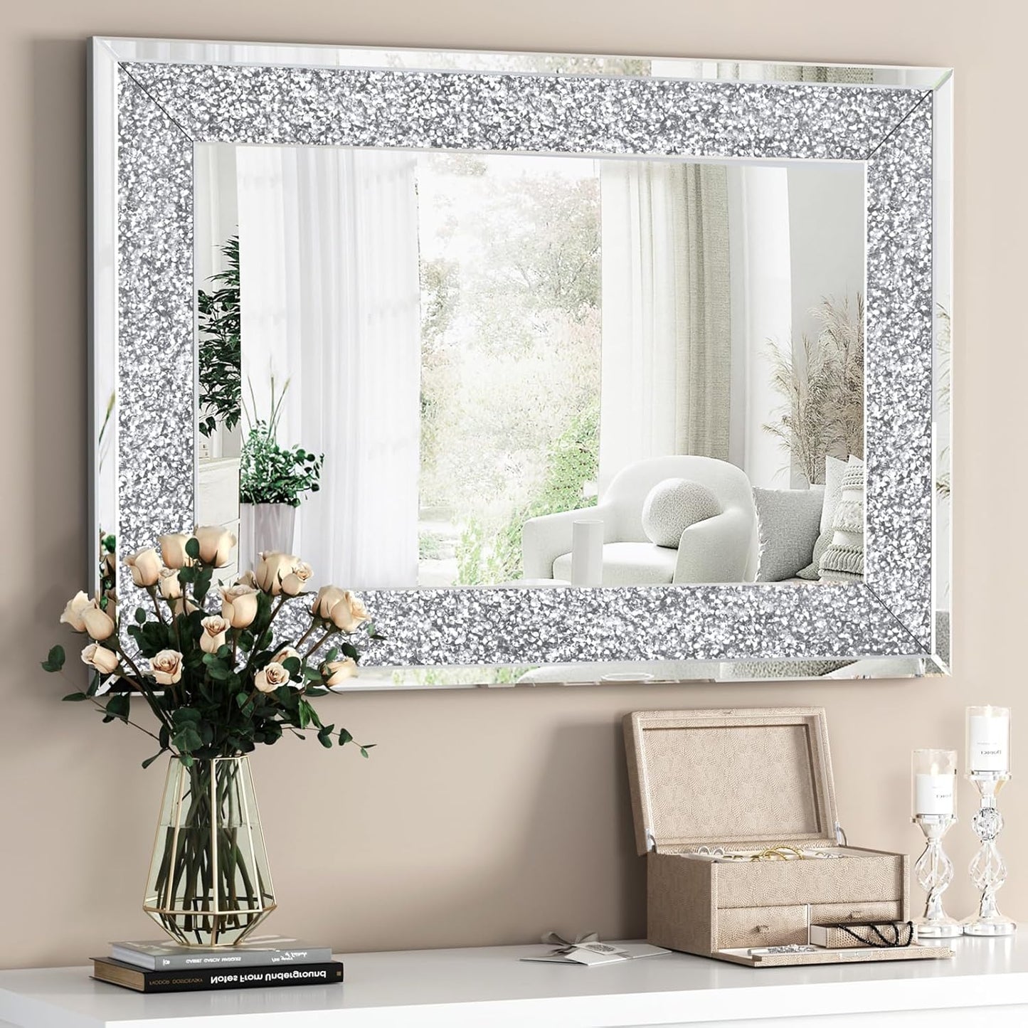 ENENE Crystal Crush Diamond Wall Mirror 46.5''x30.5'' Rectangle Silver Mirrors for Wall Decorative Large Wall Mirrors for Living Room Bathroom Bedroom Entryway