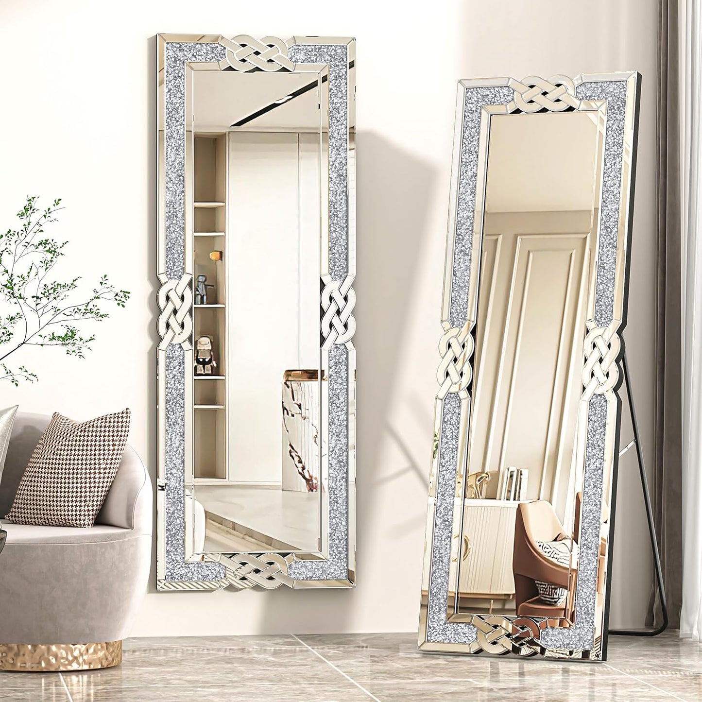 ENENE Crystal Crush Diamond Wall Mirror 46.5''x30.5'' Rectangle Silver Mirrors for Wall Decorative Large Wall Mirrors for Living Room Bathroom Bedroom Entryway