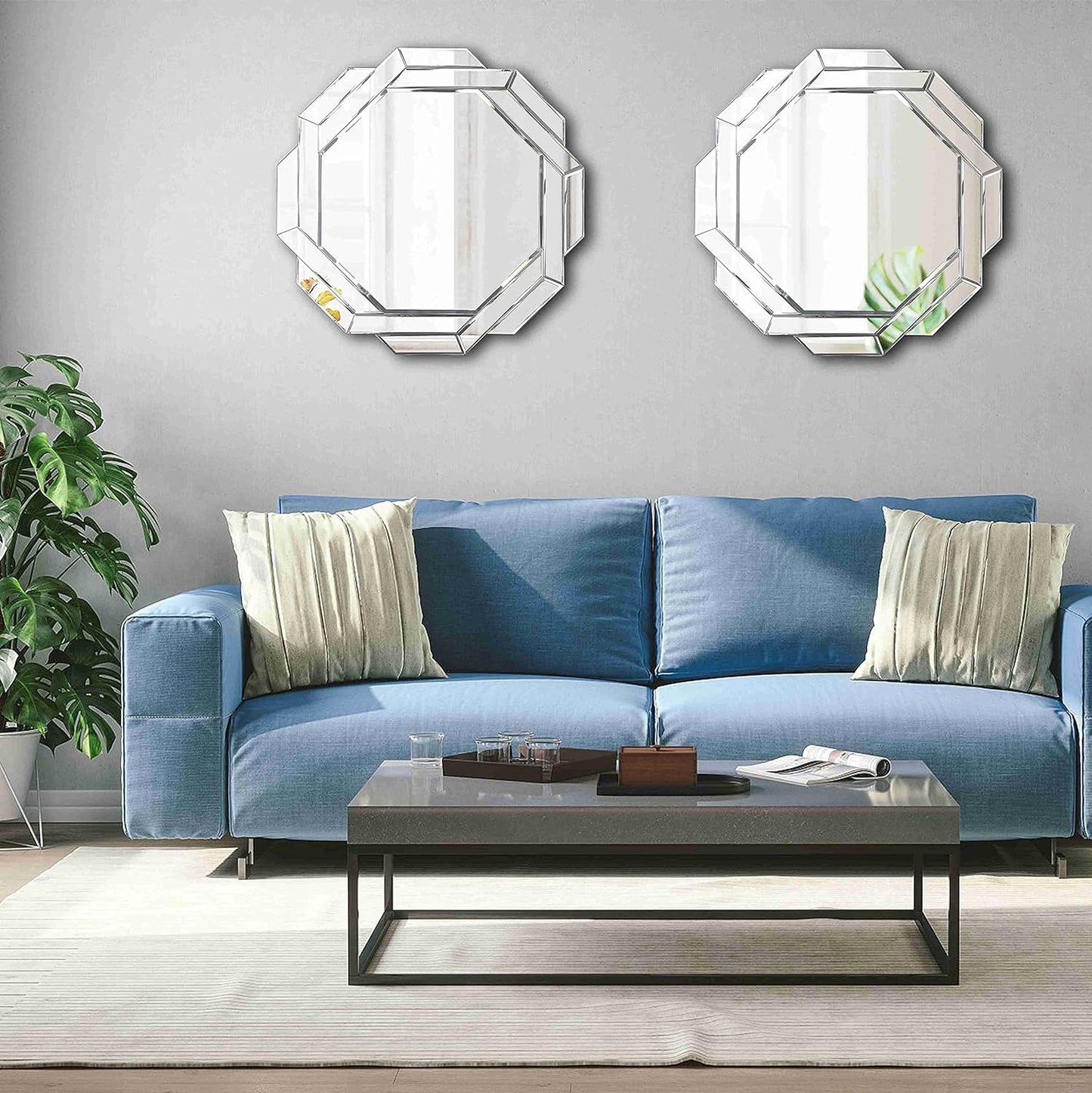 Hlartdecor Helicoid Frameless Beveled Wall Decorating Mirror (31.5X31.5inches). Silver Polished HFY Hexagon Decorative Mirror.