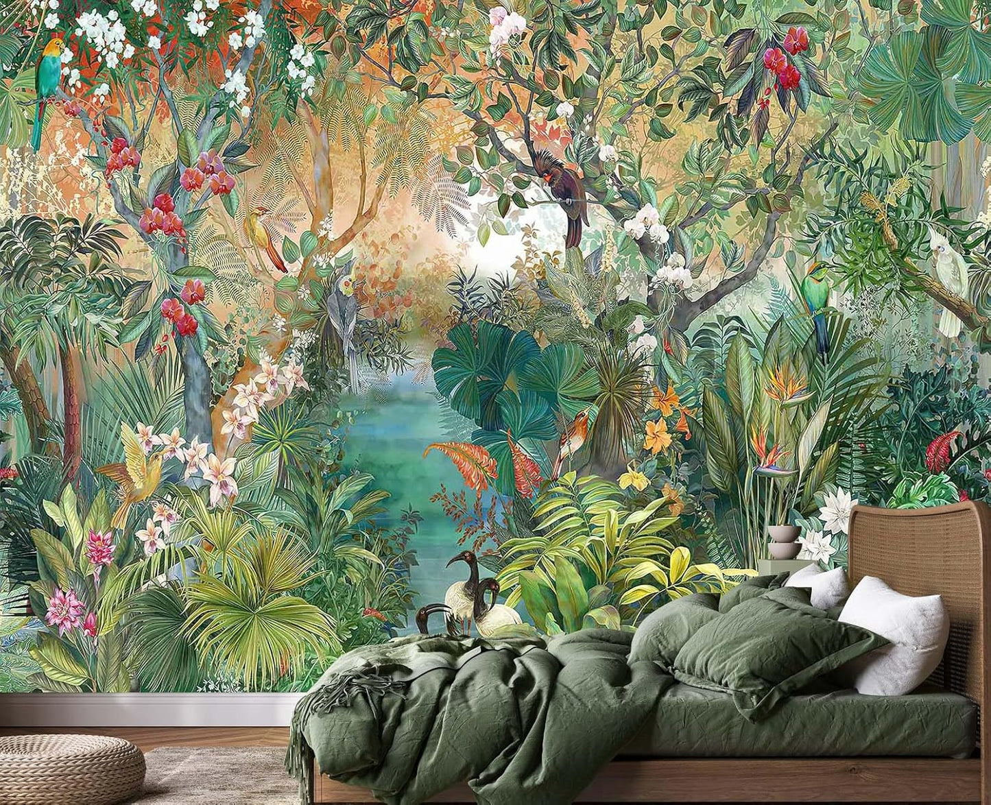 Tropical Plant Forest Wallpaper Mural Animals and Flowers Jungle Landscape Wall Mural for Bedroom Living Room Bathroom